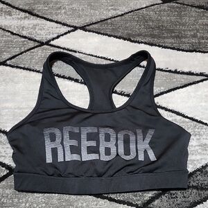 REEBOK CORE GRAPHIC BLACK LIGHTLY LINED REFLECTIVE LOGO SPORTS BRA